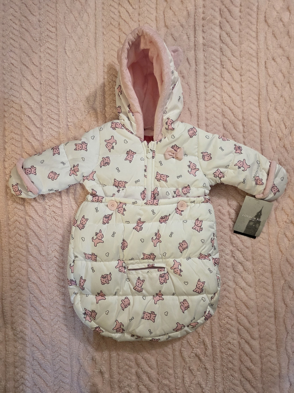 NWT London Fog Pink & White Quilted Hooded Baby Bunting 0-6M